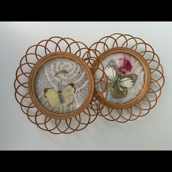 𝅺Sold♻️Vintage Rattan Bamboo Set of 4 Pressed Butterflies Coasters Lace detail - Picture 2 of 8